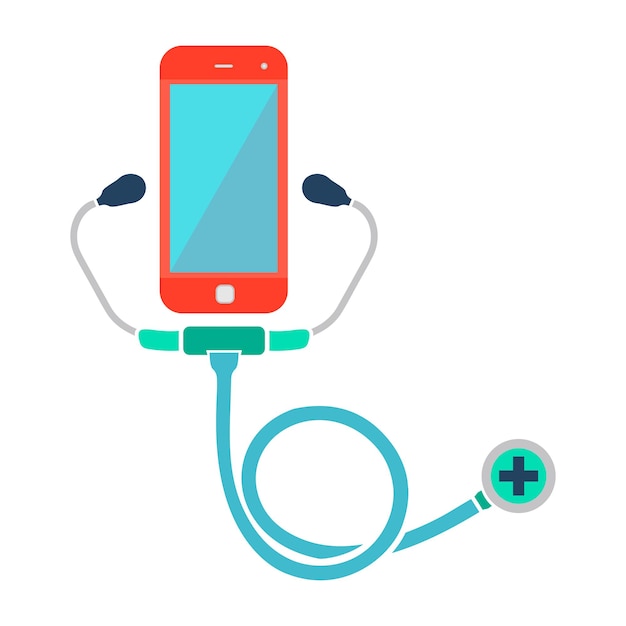 Dokter online. Smartphone met stethoscoop. Web Medische Hulp Concept Icoon. Kleur vectorillustratie.