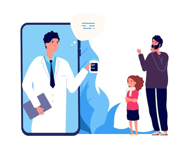 Dokter online. ziek meisje, vader en verpleegster via videoverbinding.