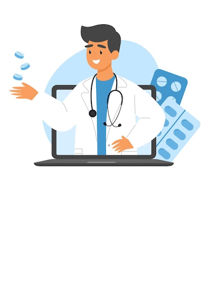 Dokter op een laptop scherm met medische documenten en blisterverpakkingen Online medische consultatie