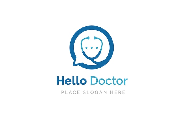 Dokter praten logo ontwerpsjabloon. Stethoscoop geïsoleerd op bubble chat-symbool.