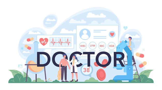 Dokter typografische header gezondheidszorg moderne geneeskunde behandeling analyse en diagnose medisch specialist in de uniforme medische behandeling en herstel geïsoleerde vectorillustratie