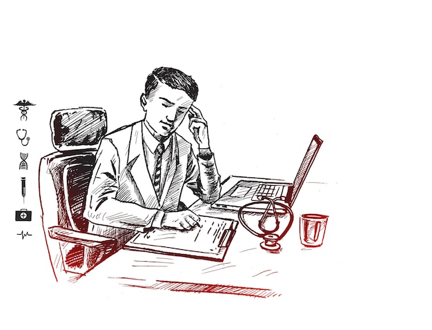Dokter werkt op de computer aan zijn bureau in een medisch kantoor Handgetekende schets Vectorillustratie