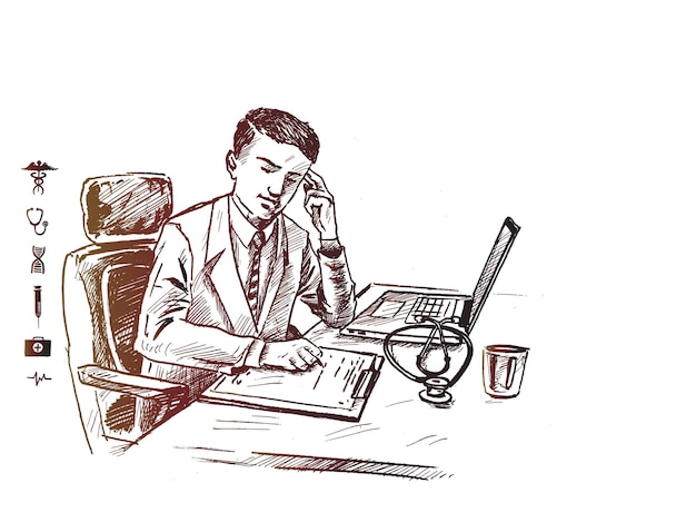 Dokter werkt op de computer aan zijn bureau in een medisch kantoor