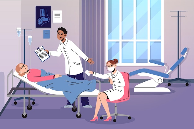 Vector dokteronderzoek patiëntbezoek goede medische prognose ziekenhuis kantoor vrouw liggende bank behandeling en herstel kliniek interieur cartoon platte personages netjes vector geïsoleerd concept