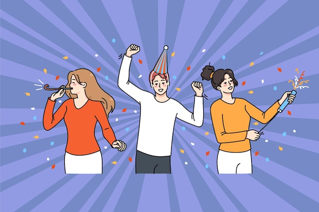 Dolblij diverse jonge mensen hebben plezier samen vieren Glimlachende mannen en vrouwen genieten van feesten of feesten, dansen en onderhoudend Vriendschap en entertainment Vectorillustratie