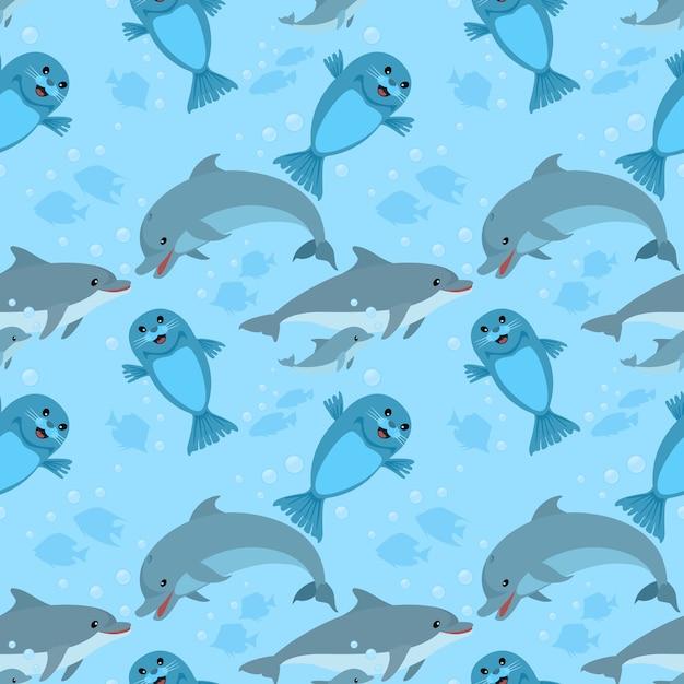 Dolfijn familie en zeeleeuw naadloze patroon.