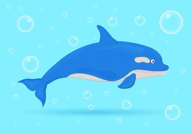 Dolfijn op blauwe achtergrond met bubbels. Oceaan vis. Onderwater zeeleven. illustratie.