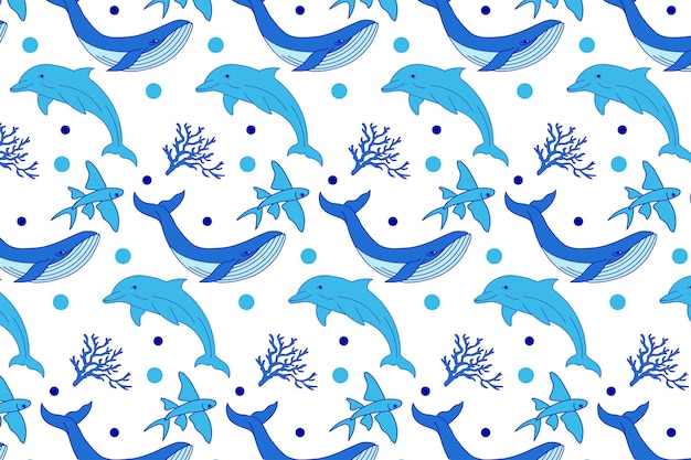 dolfijnen en walvissen naadloze vector patroon op witte achtergrond