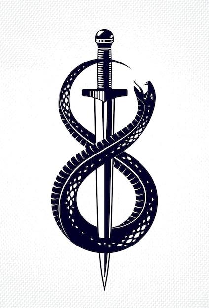 Vector dolk doodt een slang, versloeg slang wikkelt zich rond een zwaard vector vintage tattoo, life is a fight concept, allegorisch logo of embleem van oud symbool.