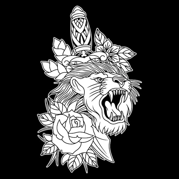 Dolk leeuw tattoo zwart-wit afbeelding