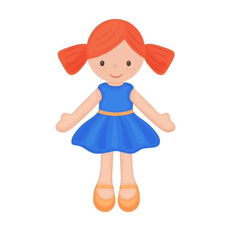 Вектор кукла симпатичная детская игрушка с рыжими волосами кукла в красивом платье векторная иллюстрация на белом фоне