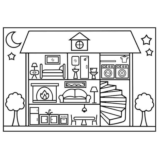 Doll House Coloring Page For Kids, Vector illustration EPS, And Image