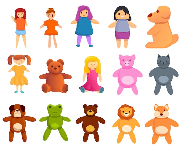 Vector doll icons set, cartoon style