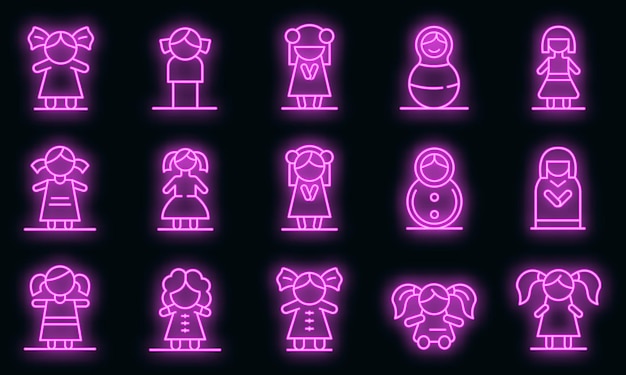 Set di icone di bambola. contorno set di icone vettoriali bambola colore neon su nero