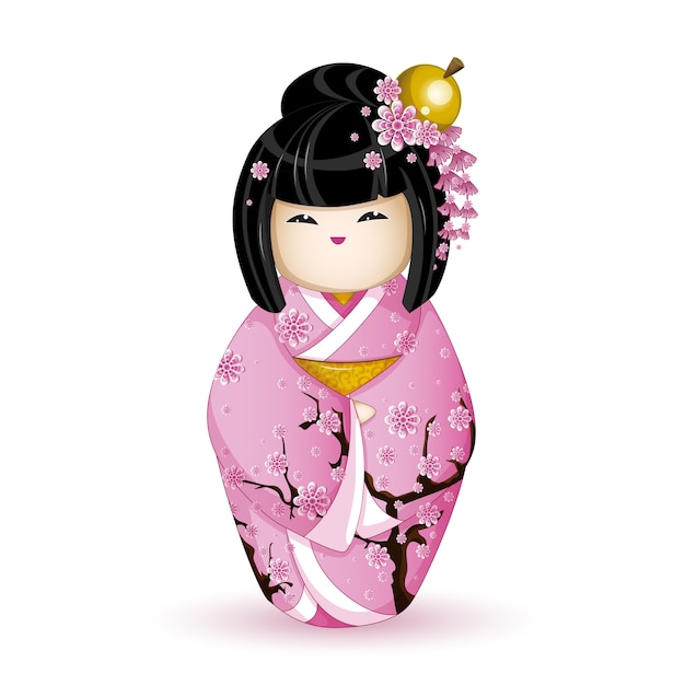 Vettore bambola kokeshi in kimono rosa con sakura.