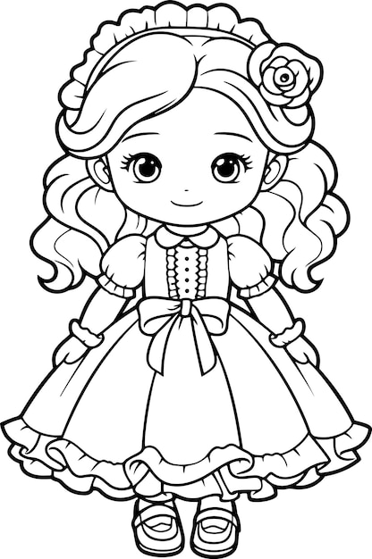 Вектор Векторная иллюстрация куклы черно-белый контур кукла-раскраска или страница для детей