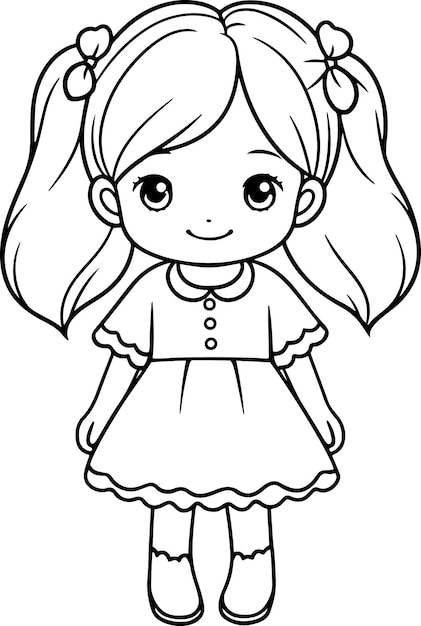 Doll vector illustration Black and white outline Doll coloring book or page for children