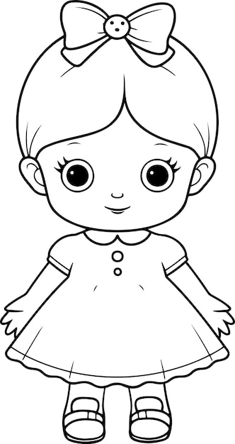 Векторная иллюстрация куклы Черно-белый контур Книга для окрашивания куклы или страница для детей