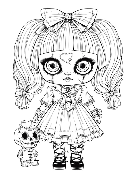 Vector doll with scary sinister expression spooky gothic horror coloring page clean line drawing strong