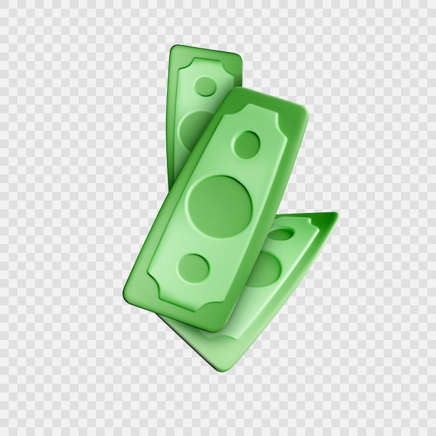 ドル紙幣。緑の3Dレンダリングはアメリカのお金をレンダリングします。漫画風のドル紙幣。透明な背景に分離されたベクトル図