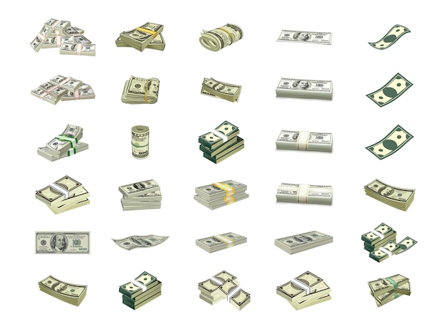 Вектор Пачка долларов, пачка наличных денег. купюры из зеленой бумаги. набор долларовых банкнот. наличные доллары, стопка банкнот.