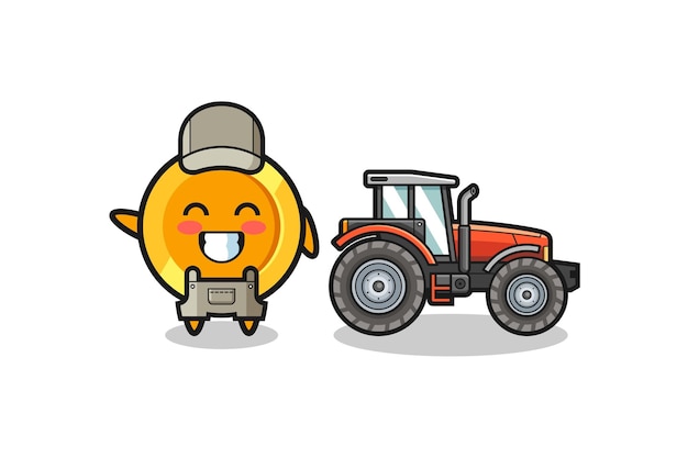 The dollar coin farmer mascot standing beside a tractor , cute design
