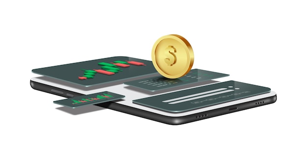 Dollar coin laying on smartphone screen that is Examples of application templates for trading stocks or trading cryptocurrency