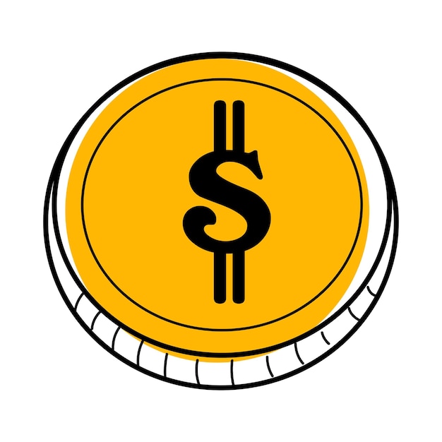 Dollar coin linear icon with yellow shape Vector doodle illustration