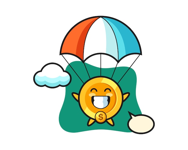 Dollar coin mascot cartoon is skydiving with happy gesture