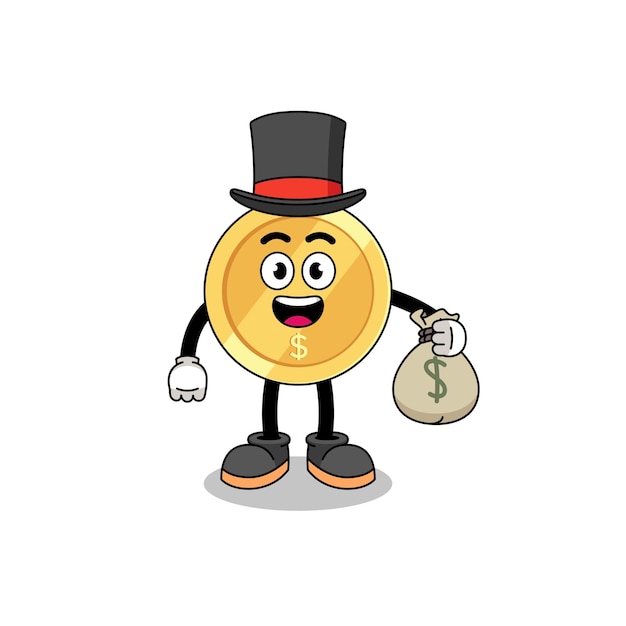 Dollar coin mascot illustration rich man holding a money sack character design