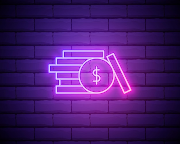 Vector dollar coin money sign outline design neon style light decoration icon bright electric symbol isolated on brick wall