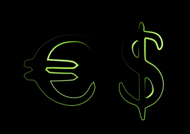 Dollar and euro icons with neon effect.