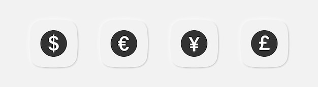 Vector dollar, euro, pond en yen iconen valutasymbool geldtekens geldsymbolen iconen van munten vector geïsoleerd teken