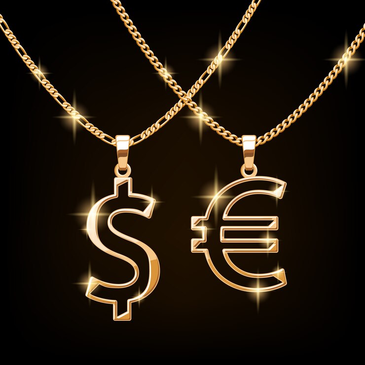 Dollar and euro sign jewelry necklace on golden chain. Hip-hop style.