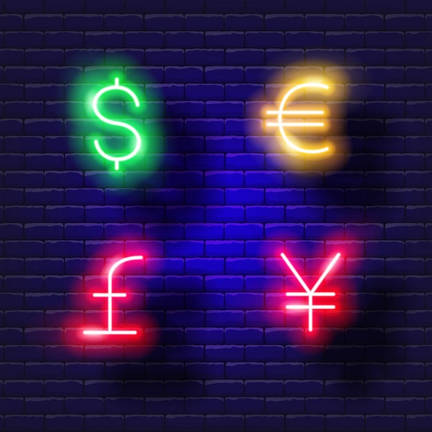 Dollar euro yen hekje vector neon icoon Financiën geld en online bankieren gloeiend teken