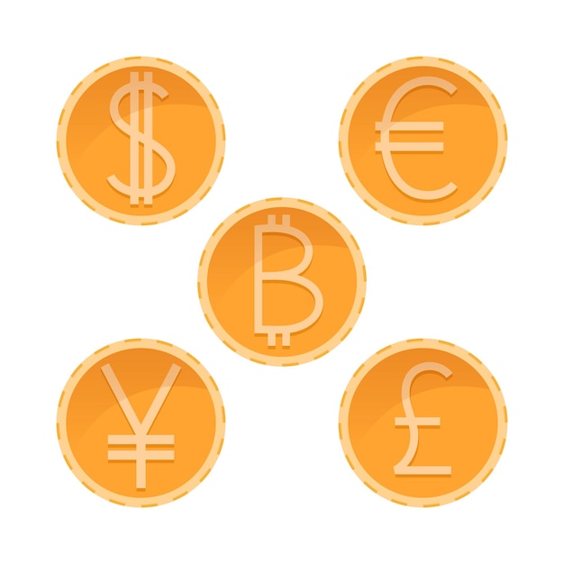 Vector dollar, euro, yen, pound, bitcoin golden coins, different currencies, vector money illustration