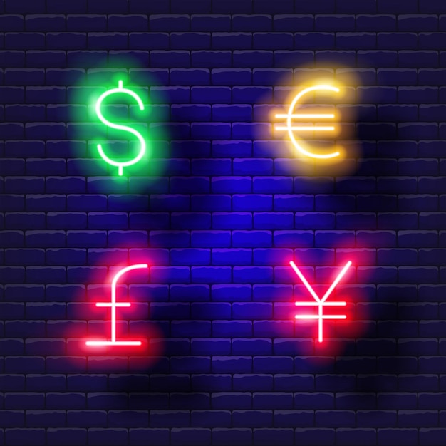 Dollar euro yen pound sign vector neon icon Finance money and online banking glowing sign