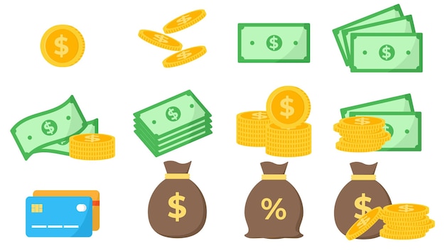 Dollar icon set Dollar value vector coin money bag and credit card Set of hand drawn money element