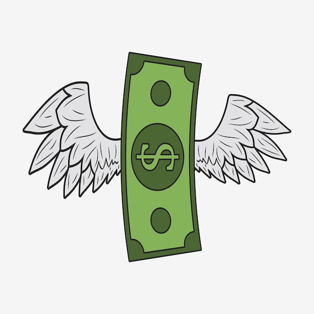 Dollar met vleugels. Vliegend geld. Gevleugeld bankbiljet. Vector illustratie.