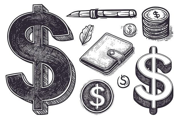 Vector dollar money icon set hand drawn sketch style vector illustration