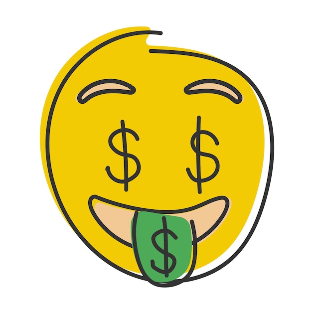 Dollar ogen emoji Geld gezicht emoticon met groene tong Handgetekende vlakke stijl emoticon