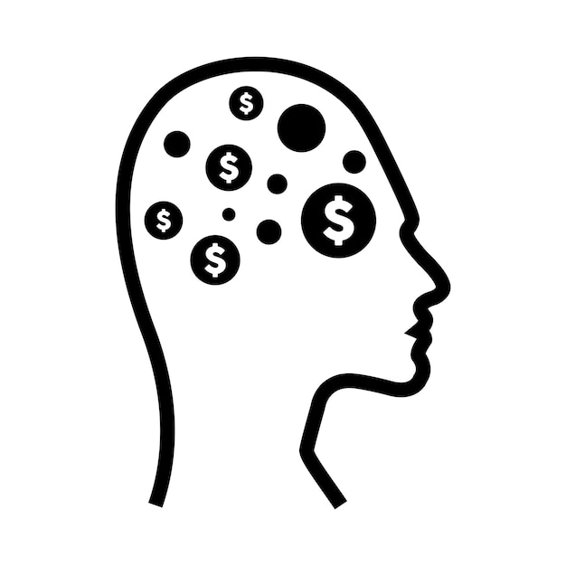 Значок знака доллара на лице человеческого профиля с имплантом мозгового чипа для искусственного интеллекта