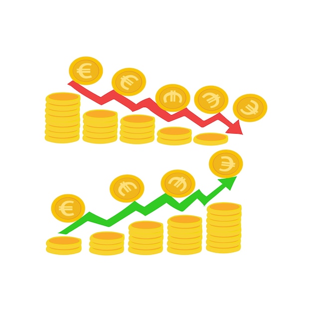 Vector dollar yen euro rupie dollar wisselkoers verzwakking en versterking met rode groene grafische pijlen