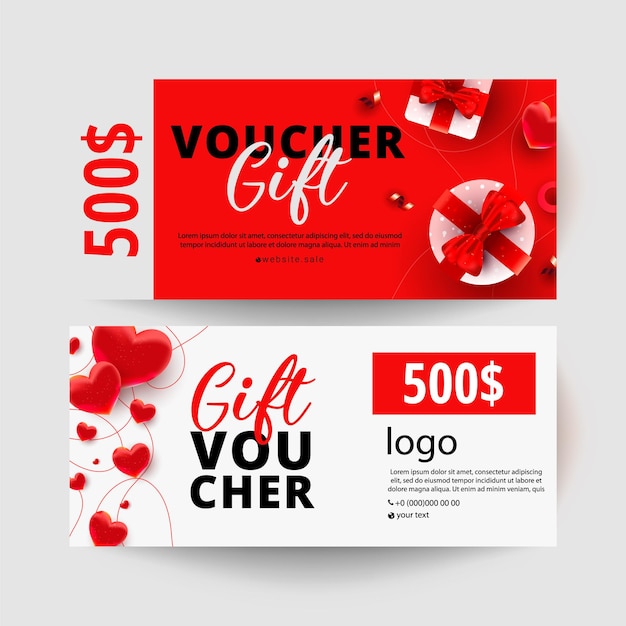 Dollars gift certificate with realistic surprise gift boxes, love shape decor on white minimal coupon. gift voucher