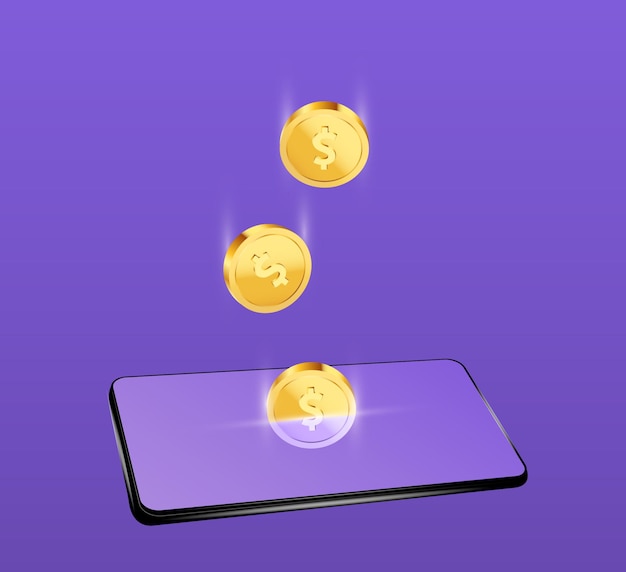 Dollars gold coins falling to the phone Money transfer concept