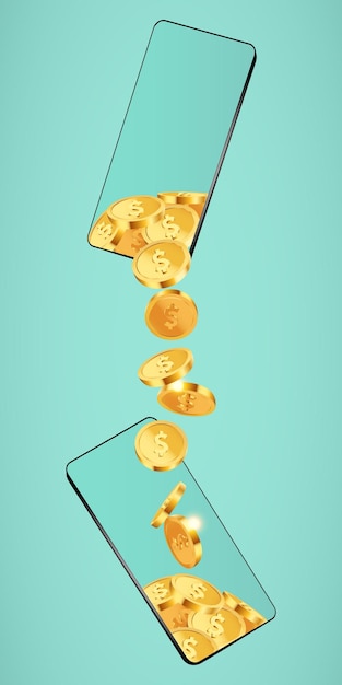 Vector dollars gold coins flying from the phone to other phone money transfer concept