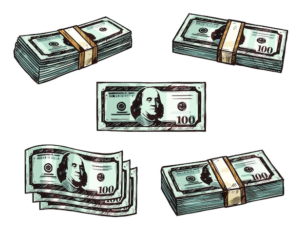 Vector dollars money banknote bundles vector sketch icons