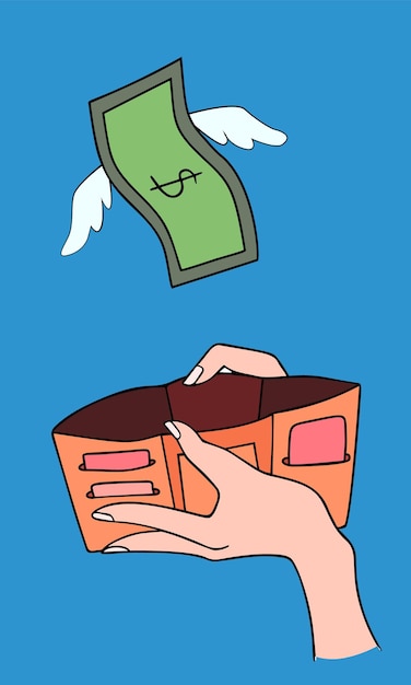 날개가 달린 달러가 지갑을 들고 손에서 날아가는 돈을 잃는다.