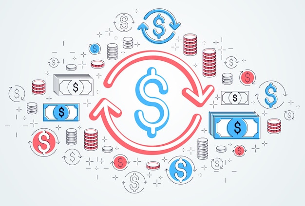 Dollarteken en luspijl, valutawissel, rendement op investering, verzekeringsconcept, terugbetaling, aandelenmarkt, herfinancieren, vectorontwerp.