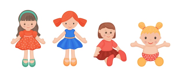 Куклы коллекция кукол детские игрушки набор кукол в платьях векторная иллюстрация